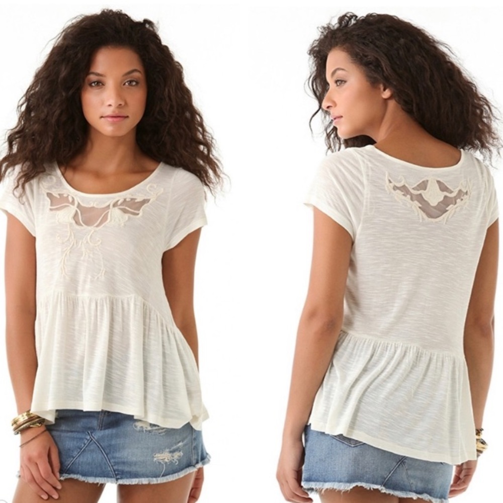 Free People Ivory Peplum Babydoll Embroidered Top
